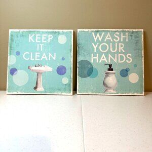 Wrapped canvas wall art for bathroom Wash your hands Keep it clean set of 2